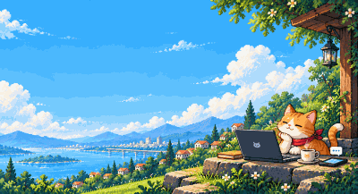 Pixel-art scene: an orange cat in a red scarf works at a laptop on a green hill under a sunny sky, a phone beside it showing a chat bubble
